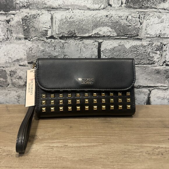 NWT Victorias Secret Wristlet Wallet Black w/ Gold Studs - Picture 1 of 11